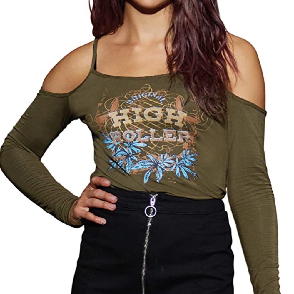 High Demand Army Green Cold Shoulder High Roller Cannabis Long Sleeve Tee NIP